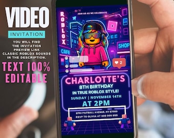 Roblox Geburtstag einladen Animiert, Mädchen Geburtstag Videoeinladung Canva Vorlage, Neon Party