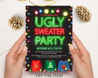 Editable Ugly Sweater Invitation, Ugly Sweater Christmas Party Invite Template Corjl N16