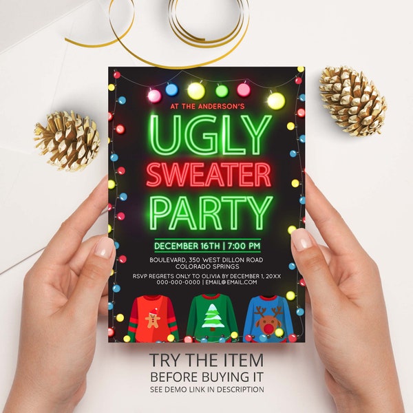 Editierbare Ugly Sweater Einladung, Ugly Pullover Weihnachtsparty Einladung Vorlage Corjl N16