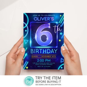 Neon Birthday Invitation Template 6th Boy Birthday Neon Glow Party Invitation Digital Editable Template /1