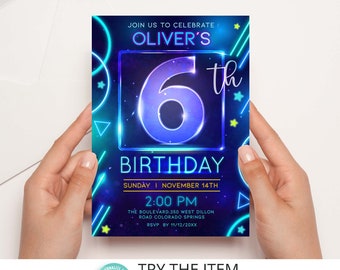 Neon Birthday Invitation Template 6th Boy Birthday Neon Glow Party Invitation Digital Editable Template /1
