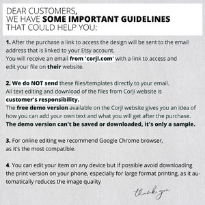 Pode incluir: Um fundo branco com texto preto que descreve diretrizes importantes para clientes que usam o site Corjl. O texto inclui informa&ccedil;&otilde;es sobre como acessar o design, editar arquivos e usar a vers&atilde;o de demonstra&ccedil;&atilde;o gratuita. O texto tamb&eacute;m recomenda usar o Google Chrome para edi&ccedil;&atilde;o online e aconselha a evitar baixar a vers&atilde;o impressa em um telefone para impress&atilde;o de grande formato.