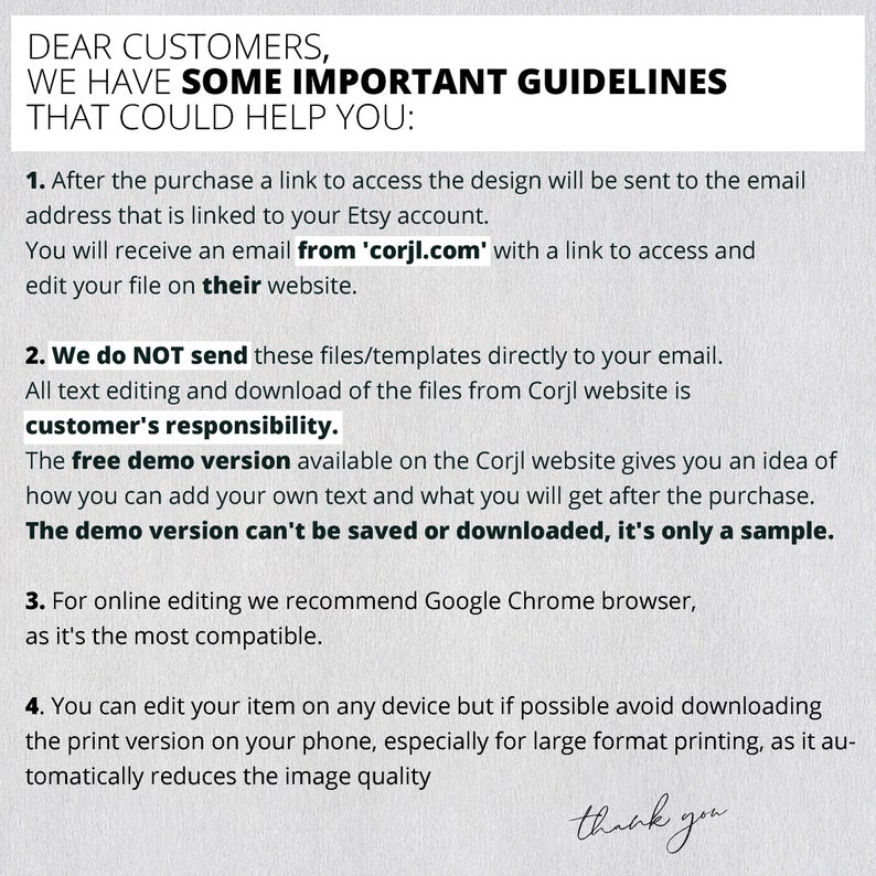 Pode incluir: Um fundo branco com texto preto que descreve diretrizes importantes para clientes que usam o site Corjl. O texto inclui informa&ccedil;&otilde;es sobre como acessar o design, editar arquivos e usar a vers&atilde;o de demonstra&ccedil;&atilde;o gratuita. O texto tamb&eacute;m recomenda usar o Google Chrome para edi&ccedil;&atilde;o online e aconselha a evitar baixar a vers&atilde;o impressa em um telefone para impress&atilde;o de grande formato.