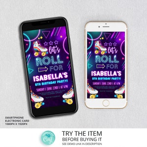 Roller Skates Birthday Smartphone Invitation | Roller Skating Birthday Electronic Invitation Digital  Let&#39;s Roll Party e-vite /23