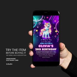 Editable Unicorn Birthday Text Invitation, All Ages Unicorn Invite, Unicorn Neon Phone Invite, Girl Birthday Party Invite, Neon Birthday UN2