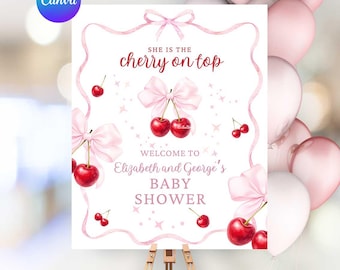 Cherry Baby Shower Welcome Sign: Cherry on Top Baby Shower Decoration, Pink Bow Baby Shower, Canva Template