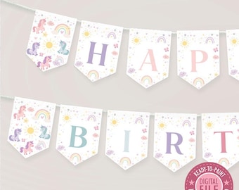 Eenhoorn verjaardagsversieringen Afdrukbare Happy Birthday banner direct downloaden, magische eenhoorn