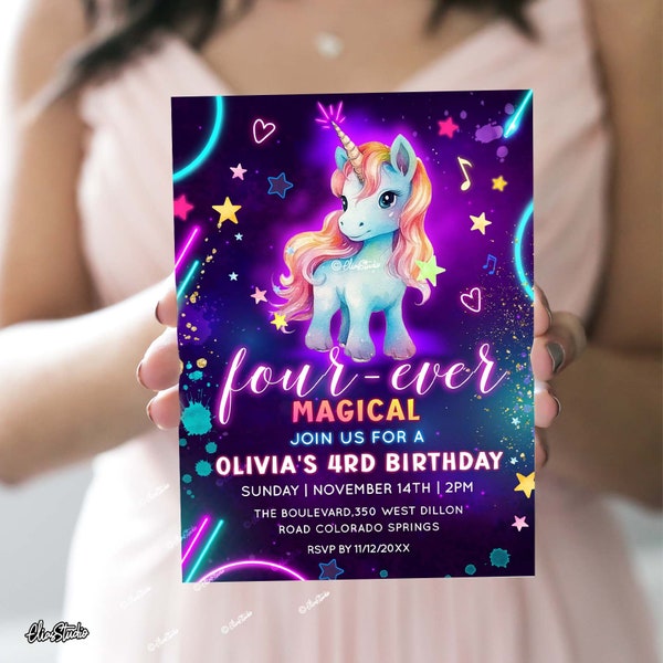 Four Ever Magical, Unicorn Birthday Invitation Editable, Neon Unicorn Invite Template, Girl Birthday Party Invite, Neon Birthday Invite UN6