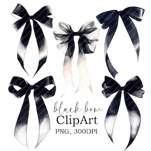 Black Bow PNG ClipArt, Watercolor  Black Ribbon Sublimination, Watercolor Bows PNG Clipart Bundle