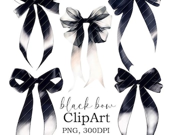 Schwarze Schleife PNG ClipArt, Aquarell Schwarze Schleife Sublimation, Aquarell Bögen PNG Clipart Bundle