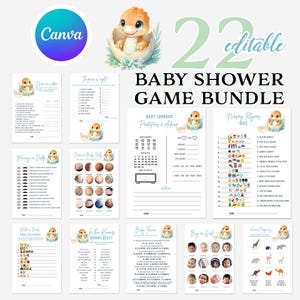 Può includere: Un pacchetto di giochi per baby shower con un simpatico tema di dinosauro dei cartoni animati. Il pacchetto include 22 giochi modificabili con varie attività, come quiz, previsioni e schede di consigli. I giochi sono decorati con illustrazioni ad acquerello e il testo "Baby Shower Game Bundle".