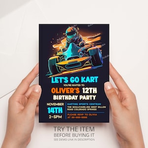 Let's Go Kart Urodzinowe Zaproszenie, Wszystkie Wiek Edytowalny Karting Zaproszenie Szablon, Racing Birthday Boy Cyfrowy Szablon Corjl GK2