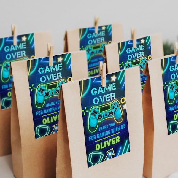 Editable Gaming Birthday Tags Video Game Thank You Tag Template Video Game Birthday Favor Tags Gaming Party Tags Game On Neon Gamer N43