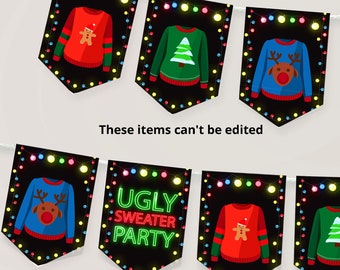 May include: A black and white banner with a Christmas theme. The banner has a repeating pattern of ugly Christmas sweaters with reindeer, gingerbread men, and Christmas trees. The banner also has the words "Ugly Sweater Party" in neon green letters.