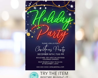 Neon Christmas Party Invitation Template, Christmas Dinner Invite Instant Download /N5