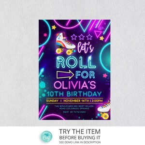 Roller Skates Birthday Invitation Roller Skating Birthday | Let&#39;s Roll Party invite | Girls Neon Rainbow Glow Birthday /21