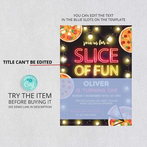 Puede incluir: Plantilla de invitaci&oacute;n de fiesta de pizza editable con un letrero de ne&oacute;n que dice "Slice of Fun". La plantilla presenta un fondo azul con ilustraciones de pizza y luces de cadena. El texto "Oliver cumple un a&ntilde;o" est&aacute; incluido en la plantilla.