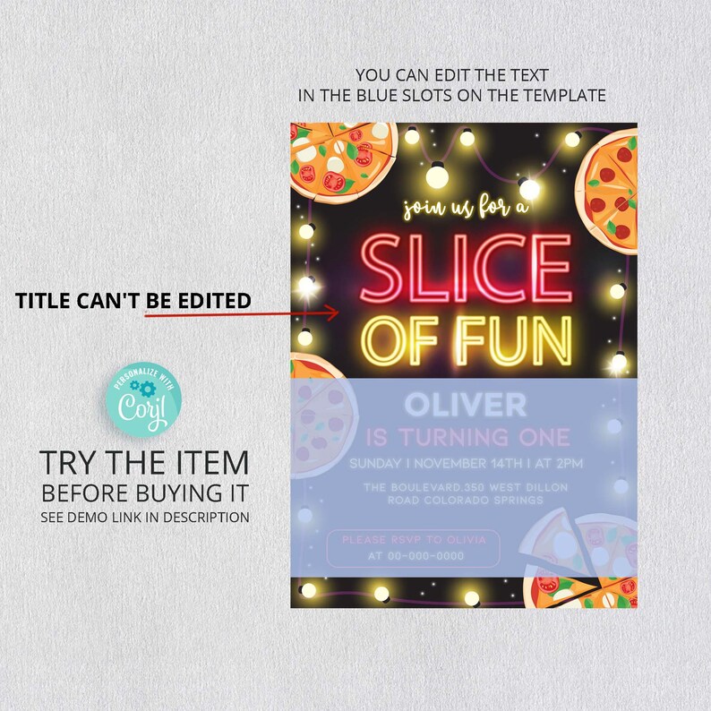 Puede incluir: Plantilla de invitaci&oacute;n de fiesta de pizza editable con un letrero de ne&oacute;n que dice "Slice of Fun". La plantilla presenta un fondo azul con ilustraciones de pizza y luces de cadena. El texto "Oliver cumple un a&ntilde;o" est&aacute; incluido en la plantilla.