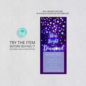 Pode incluir: Convite para uma festa de anivers&aacute;rio roxo com um design de diamante brilhante. O texto diz "Shine Bright Like a Diamond" e inclui os detalhes da festa, incluindo a data, a hora e as informa&ccedil;&otilde;es de RSVP.