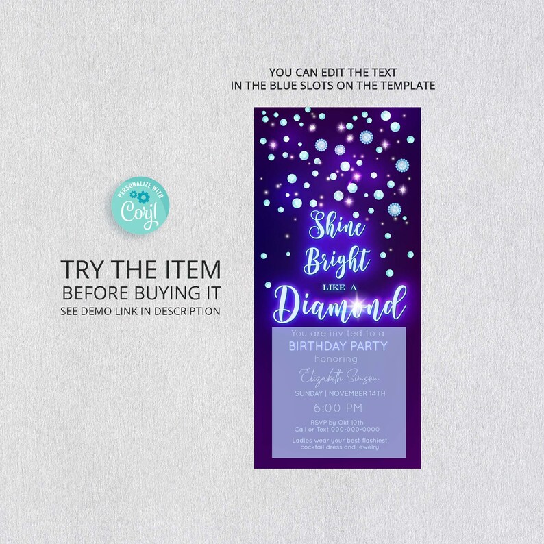 Pode incluir: Convite para uma festa de anivers&aacute;rio roxo com um design de diamante brilhante. O texto diz "Shine Bright Like a Diamond" e inclui os detalhes da festa, incluindo a data, a hora e as informa&ccedil;&otilde;es de RSVP.