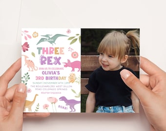 May include: A pink and purple dinosaur birthday invitation with a photo of a young girl. The invitation says "Three Rex" and "Olivia's 3rd Birthday". The text also includes the date, time, and location of the party.