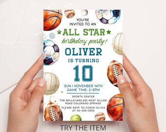 Op de afbeelding: Een kleurrijke uitnodiging voor een "All Star" verjaardagsfeest voor Oliver die 10 jaar wordt. De uitnodiging bevat een aquarel-illustratie van verschillende sportballen, waaronder een basketbal, een voetbal, een honkbal, een American football en een volleybal. De tekst op de uitnodiging bevat de datum, tijd en locatie van het feest.
