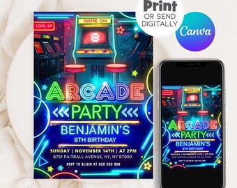 Może przedstawiać: Zaproszenie na urodziny w stylu arcade z neonowym designem. Zaproszenie zawiera tekst "Arcade Party" oraz szczegóły 8. urodzin Benjamina. Zaproszenie jest również wyświetlane na smartfonie. Dostępne do druku lub wysyłki cyfrowej.