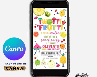 Twotti Frutti Birthday Invitation, 2nd Birthday Invitation Girl, Second Birthday Invite, Editable Invitation Canva, Two-tti Frutti CF1