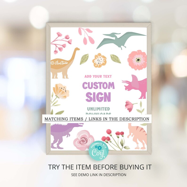 Pode incluir: Impress&atilde;o emoldurada com um design de dinossauros e flores, com o texto "CUSTOM SIGN". O design incorpora cores pastel e o texto "TRY THE ITEM BEFORE BUYING IT".