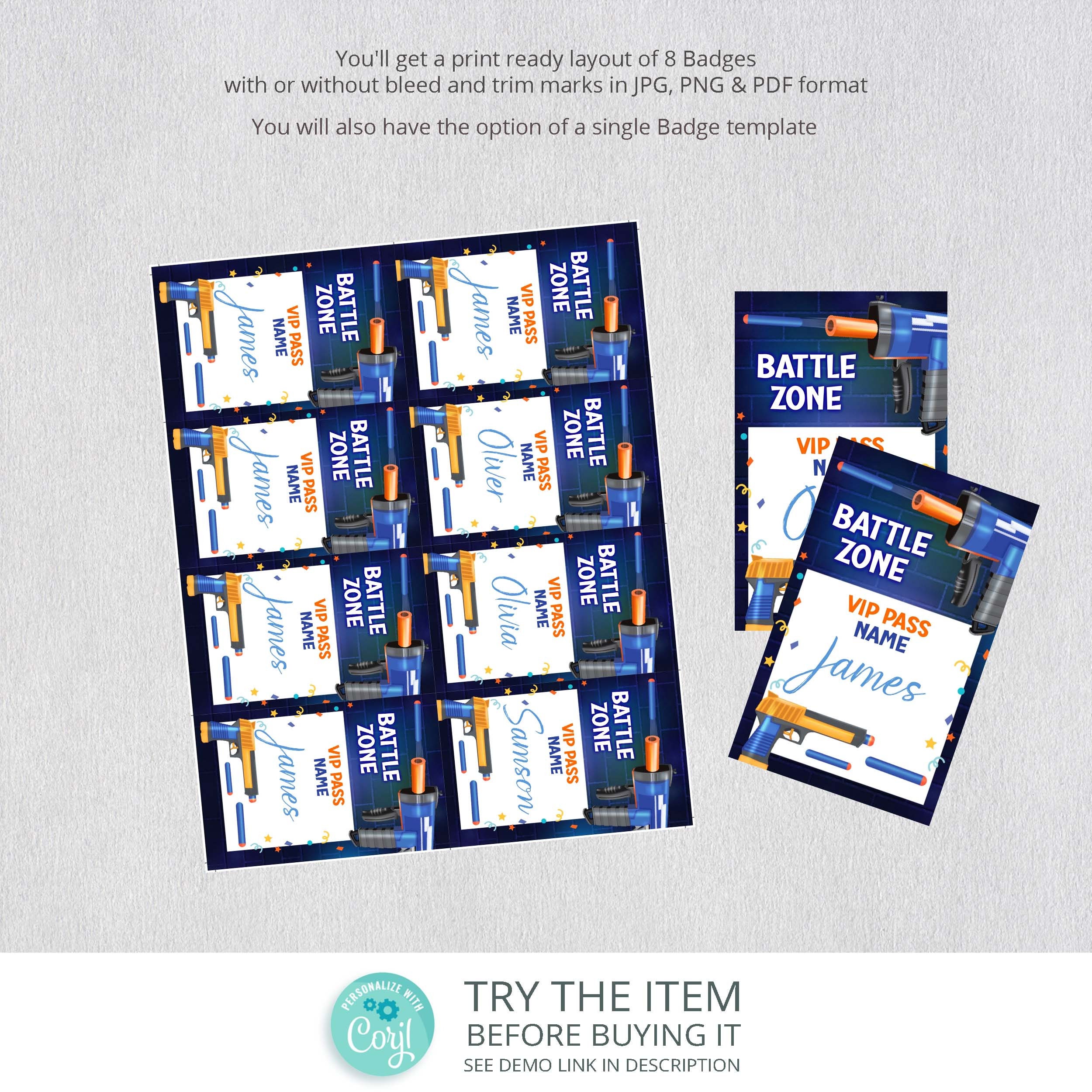 Dart Gun Party VIP Pass Dart Wars Dart VIP Pass by Battle Zone ID Badge