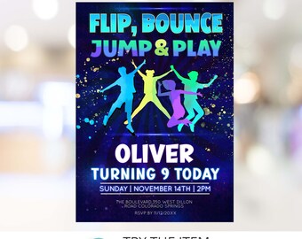 May include: A blue and black birthday party invitation with a colorful silhouette of children jumping. The invitation says "Flip, Bounce, Jump & Play" and "Oliver Turning 9 Today". The date and time of the party are listed as "Sunday | November 14th | 2PM". The location is "The Boulevard, 350 West Dillon Road Colorado Springs". The RSVP date is "11/12/20XX".