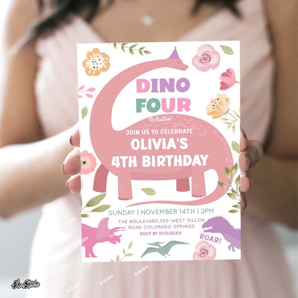 Editável para todas as idades Dino Birthday Girl Convidar Convite Dinossauro Baixar Dino Four Birthday Party Convidar Dinosaur In Birthday Invitation D8