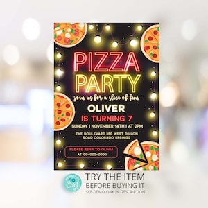 Pizza Party Invitation Neon Birthday Invite Digital Editable Template Corjl PZ1