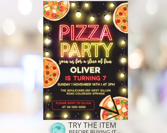 Pizza Party Invitation Neon Birthday Invite Digital Editable Template Corjl PZ1