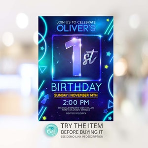 Neon Birthday Invitation Template 1st Birthday boy Neon Glow Party Invitation Digital Editable Template N8
