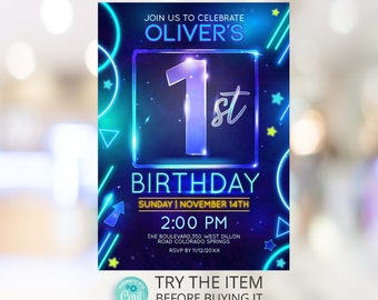 Neon Birthday Invitation Template 1st Birthday boy Neon Glow Party Invitation Digital Editable Template N8