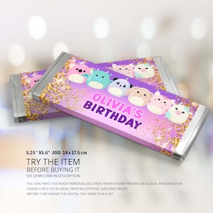 Squishy Birthday, Candy Bar Wrappers, Chocolate Favors For Guests, Squish Birthday Favors, Squishmallows Birthday Party, Squishy Party SQ5