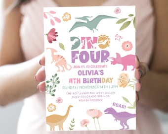 DINO FOUR 4th Birthday Girl Invitation, Dinosaur Invitation, Dinosaur Birthday Party Invite, Dinosaur Birthday Digital Template D3