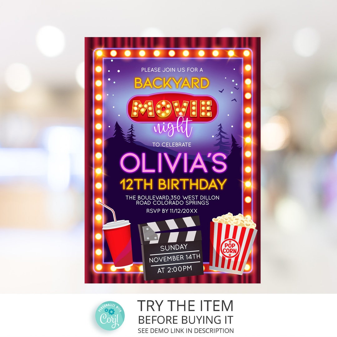 Backyard Movie Night Invitation Birthday | Cinema Invitation | Girls ...