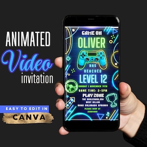 Geanimeerde uitnodiging, gaming verjaardagsfeestje, telefoon uitnodigen, video game uitnodiging sjabloon, video game verjaardagsuitnodiging, gaming party uitnodigen