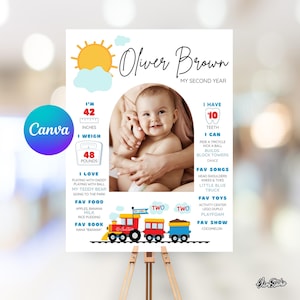 Puede incluir: Un póster imprimible colorido para el segundo cumpleaños de un niño. El póster presenta una foto de un bebé, un tren con vagones coloridos y un sol con nubes. El póster incluye información sobre la edad, la altura, el peso, los alimentos favoritos, las canciones, los juguetes y los programas del bebé. El texto en el póster dice "Oliver Brown, Mi Segundo Año."
