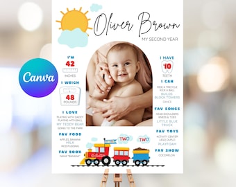 Train Birthday Milestone Sign,  2nd Birthday Boy Milestone Board, Second Birthday Chugga Chugga Two Two, Canva Template