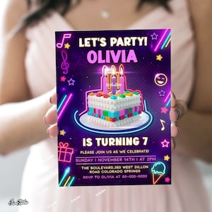 Neon Building Blocks Birthday Invitation. Printable Digital Kids Birthday Party Invite Template Editable Invitation Blocks Theme /BL2