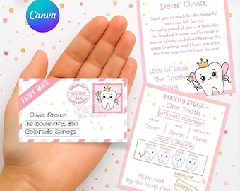 Mini Tooth Fairy Set Receipt and Letter with Envelope Tooth Fairy Kit Lost Tooth Fairy Note Digital Template CANVA TF1