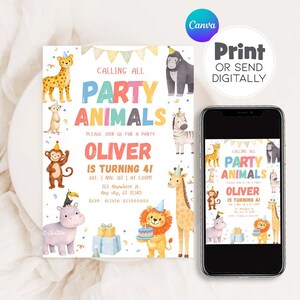 Może przedstawiać: Kolorowe zaproszenie z tekstem "Calling All Party Animals" i "Oliver is Turning 4!". Zawiera ilustracje zwierząt, takich jak żyrafa, małpa i lew. Zaproszenie jest wyświetlane na białej powierzchni ze smartfonem.