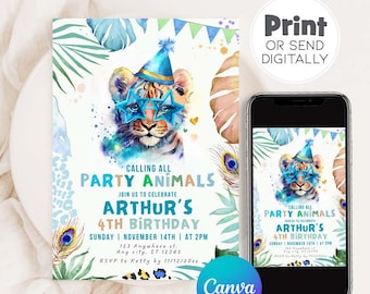 Llamando a todos los animales de fiesta Invitación de cumpleaños Animales salvajes Cumpleaños de la jungla Animales del zoológico Safari Cumpleaños de niño Tigre Cumpleaños de guepardo Canva