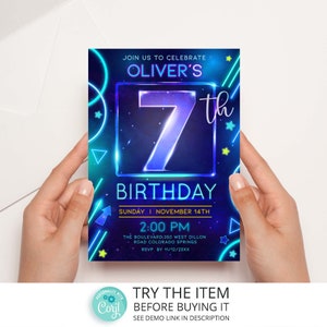 Neon Birthday Invitation Template 7th boy Birthday Neon Glow Party Invitation Digital Editable Template /2