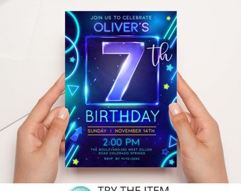 Modèle d’invitation d’anniversaire Neon 7ème garçon Anniversaire Neon Glow Party Invitation Modèle modifiable numérique /2