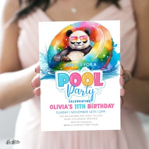 May include: A colorful invitation for a pool party celebrating Olivia's 11th birthday. The invitation features a cartoon panda wearing sunglasses and floating on a rainbow inflatable ring. The text on the invitation reads "Join us for a Pool Party Celebrating Olivia's 11th Birthday, Sunday, November 14th, 2 PM, The Boulevard, 350 West Dillon Road, Colorado Springs, RSVP by 11/12/20XX, Bring a swimsuit and towel."
