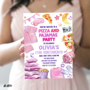 Editable Pizza and Pajamas Birthday Girl Invitation Template Pizza Party Pajama Party Invite Pizza Birthday Invite Template Printable N40